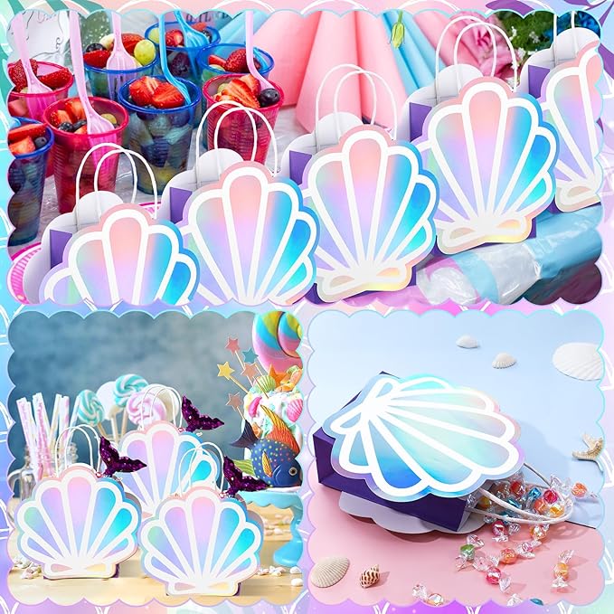 Locmeo 24 Pack Holographic Shell Gift Bags Mermaid Party Favor Bags with Iridescent Shell Cards for Mermaid Themed Supplies Ocean Under the Sea Party Favors