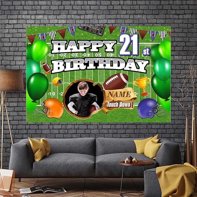 Custom Football Theme 21st Birthday Decorations Banner - Personalized Fabric Banner for 21st Birthday Party Supplies