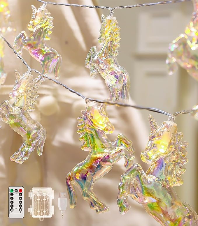 AceList 20 LED Unicorn String Lights, 10Ft Unicorn Birthday Decorations String Lights for Bedroom Party, USB&Battery Powered Waterproof Fairy Lights for Christmas Gifts, Tree Decor Indoor(White Wram)
