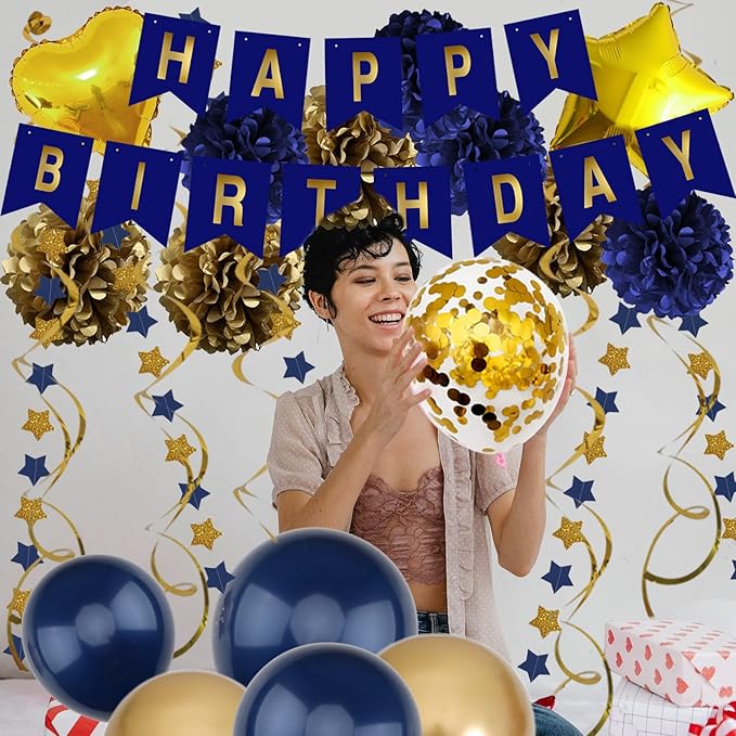 ZERODECO Birthday Decorations - Navy Blue Gold Party Decorations with Banner, Pompoms, Balloons for Boys, Girls, Men, Women