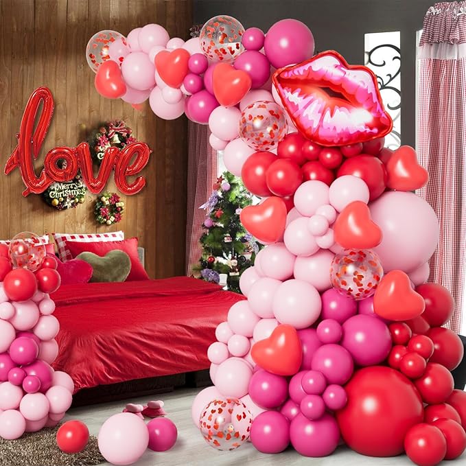 DBKL 138pcs Valentines Day balloon Garland Arch Kit, Pink Red Rose Pink Balloons with Love Lips Foil Balloons for Valentines Birthday Wedding Anniversary Party Decorations