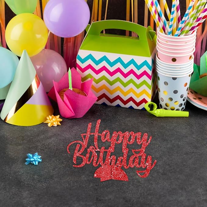Happy Birthday Table Centerpiece, Red Glitter Birthday Party Paper Free Standing for Women Men, HBD Script Table Centerpiece for Bday Party Supplies