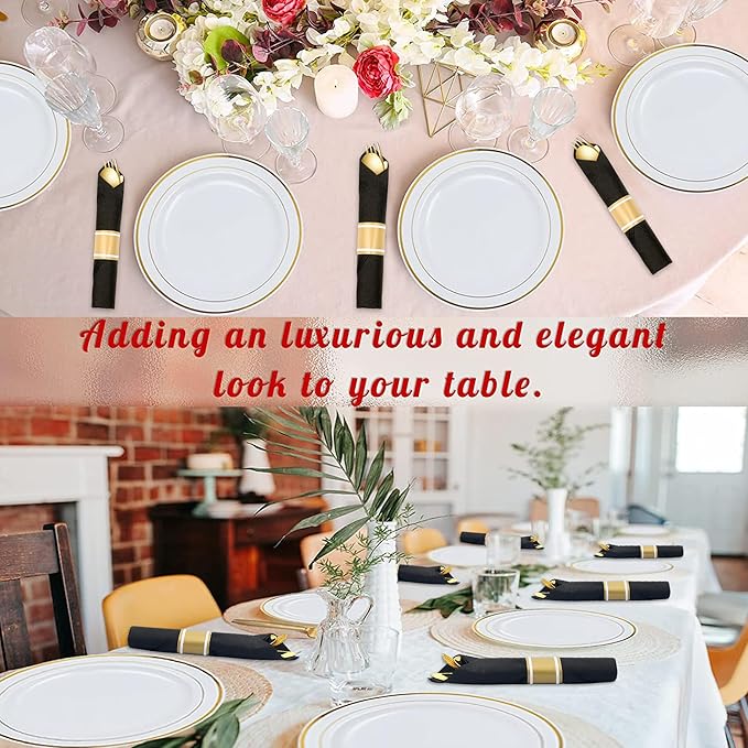 50 Pack Pre Rolled Gold Plastic Silverware Set,Wrapped Plastic Cutlery Set with Napkin Include 50 Forks,50 Spoons,50 Knives and 50 Black Napkins for Party, Wedding,Christmas