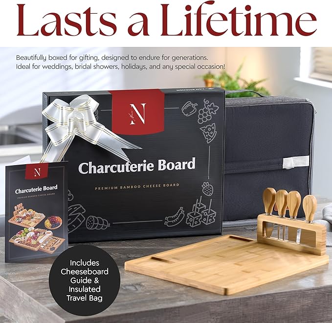 Namre' Charcuterie Board Gift Set: Insulated Travel Bag-Charcuterie Trays - Bamboo Cheese Board for Wedding Gifts - Holiday Gift for Woman -House Warming Gift Cheese Set 16''x11''