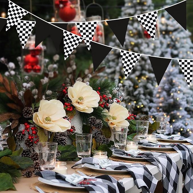 32Ft Racing Car Party Decorations Black White Checkered Race Car Triangle Banner Plaid Flag Pennant Fabric Garland Streamers for Kids Birthday Baby Shower NASCAR BBQ Bar Picnic Outdoor Decor Supplies