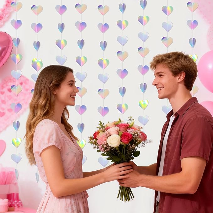40Ft Iridescent Holographic Heart Valentines Day Garland Disco Hanging Streamer Decor for Galentines Valentines Day, Wedding, Bridal Bachelorette Baby Shower Birthday Party
