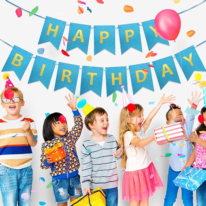 Clabby Glitter Blue Happy Birthday Banner with Shiny Letters Happy Birthday Shiny Glitter Hanging Signs Bunting for Party Supplies Hanging Backdrop Decoration