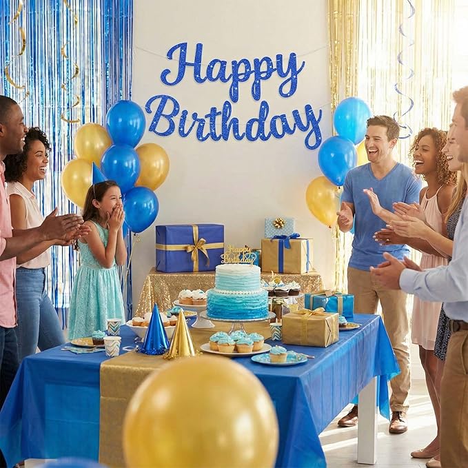 Glitter Happy Birthday Banner Sign, Reusable Birthday Garland Party Supplies, Cake Day Backdrop Banners Wall Decorations for Women, Girls, Boys (Blue)