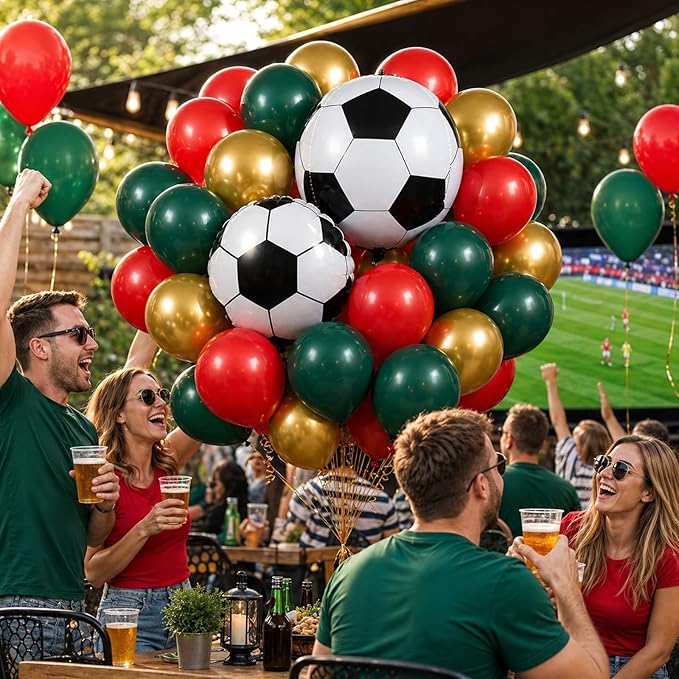 Soccer Balloons, Dark Green Red and Gold Football Theme Balloons with 4D Foil Football Balloon for Boys Kids Soccer Birthday Sports Themed Baby Shower Graduation Party Decorations