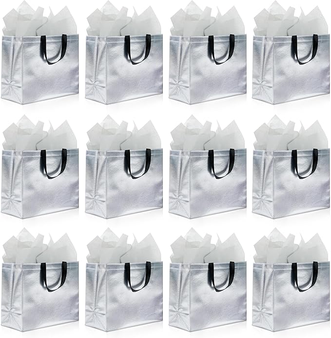 KeerxunBag 12Pcs Reusable Gift Bags(Includes Tissue Paper) Gift bag with handle Birthdays Parties Holidays Weddings Medium 13x5x11in Silver Gift Bags