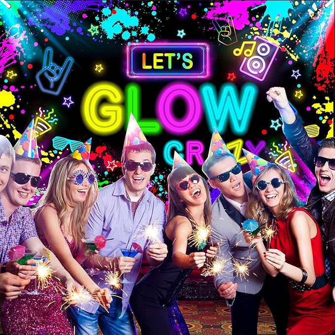 Avezano Glow in The Dark Backdrop Neon Party Decorations Let’s Glow Banner Birthday Party Background Graffiti Splash (No Real Lights) Photo Booth Props 6 x 3.6 ft