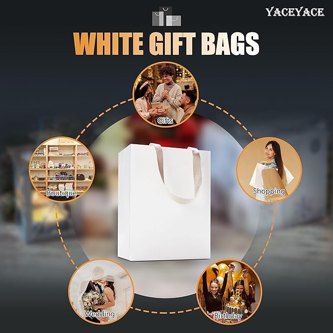 White Gift Bags, 10Pcs 8x4.25x10 Medium Paper Gift Bags with Handles, White Paper Shopping Bag Bulk, Merchandise, Goodie, Boutique Bag