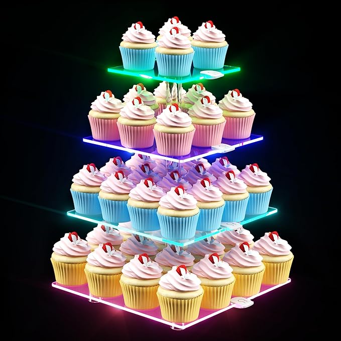 weddingwish 4 Tier LED Cupcake Stand, Clear Acrylic Cupcake Tower with Rechargeable Light, Cupcake Holder for 50 Cupcakes, Cupcake Dessert Display Stand for Parties,Weddings,Birthdays,Baby Shower
