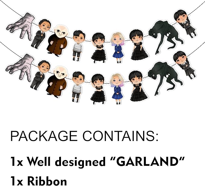 Wednsday Garland Decoration – Themed Party Banner for Birthday Celebrations, Themed Gatherings, Decorative Garland for Dessert Tables, Room Décor, Photo Displays, and Special Events
