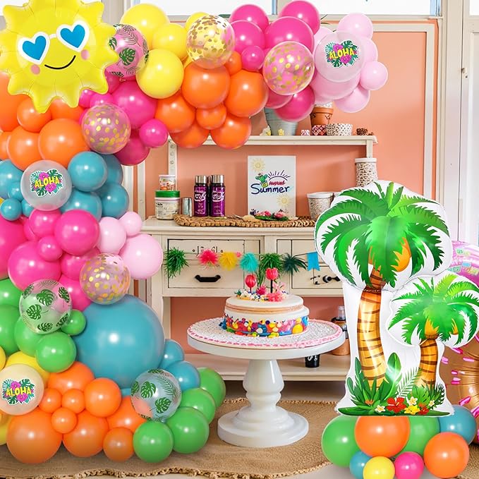 Amandir 165Pcs Summer Aloha Tropical Balloon Arch Garland Kit, Hot Pink Green Orange Blue Yellow Foil Coconut Sun Palm Leaves Neon Rainbow Balloons for Hawaiian Luau Pool Birthday Party Decorations