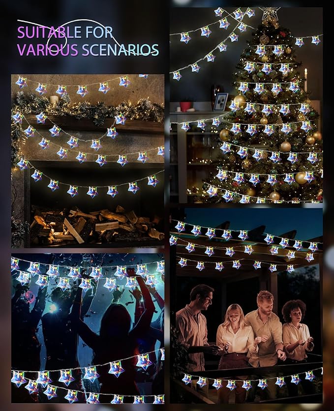 AceList 50 LED Iridescent Decor 10Ft Star String Lights USB/Battery Operated String Lights Indoor/Outdoor, Holographic Decor for Christmas Birthday Party Tent(White)