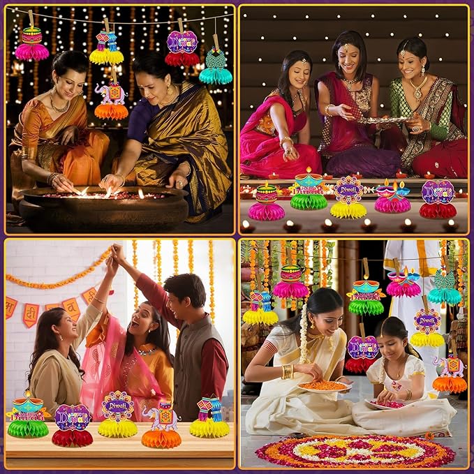JULMELON 8PCS Diwali Party Decorations Honeycomb Centerpiece, 3D Double Sided Happy Diwali Centerpiece Table Decorations Table Toppers for Home Indian Diwali Festival of Lights Party Favors Supplies