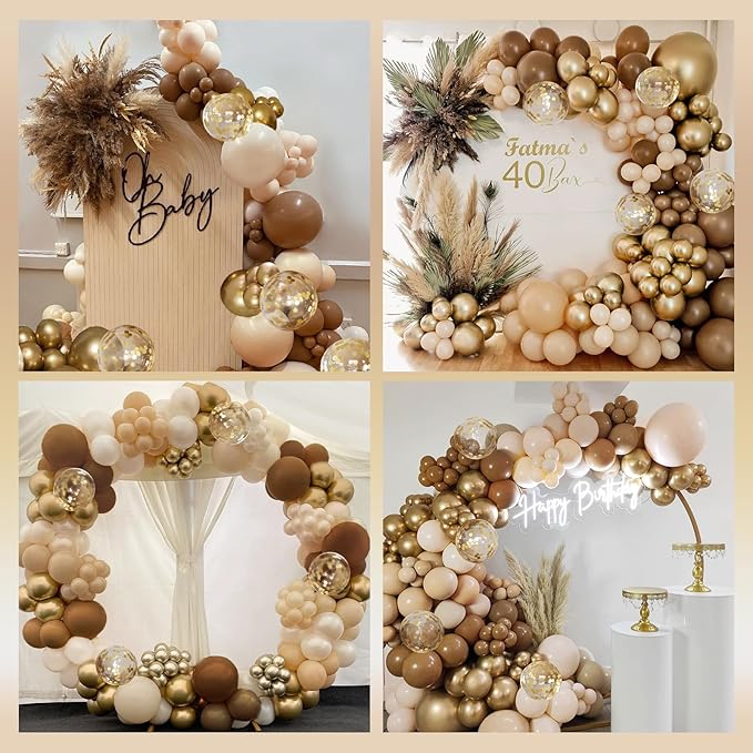 147pcs Brown Balloon Arch Garland Kit, Different Sizes with Dark Brown Light Brown Sand White Metallic Gold Balloons for Boho Neutral Birthday Wedding Jungle Bear Baby Shower Decorations