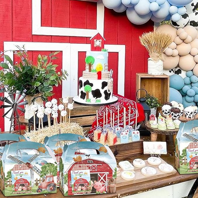 Farm Party Boxes, 12 Pcs Farm Theme Gift Boxes with Thank You Cards for Birthday, Farmhouse Theme Party Supplies