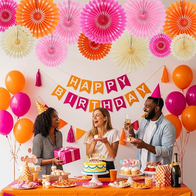 BEISHIDA Pink Orange White Tissue Hanging Honeycomb Round Paper Fans Decoration Set for Girls Birthday Baby Shower Thank's Giving Bachelorette Wedding Backdrops Anniversary Party Supplies(12 Packs)