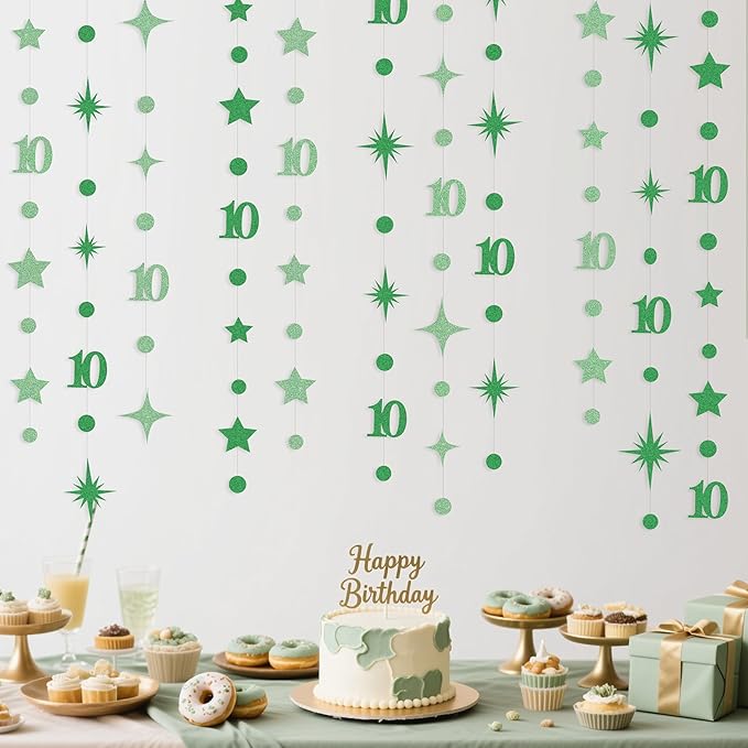 Green 10th Birthday Decorations Number 10 Circle Dot Star Garland Glitter Streamer Banner Backdrop for Girls Boys Double Digits Cheers to 10 Years Old Birthday 10th Anniversary Party Supplies