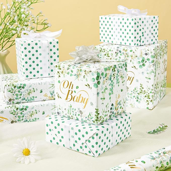 WERNNSAI Green Sage Wrapping Paper - 1 Roll 17”x 33 ft Baby Shower Wrapping Paper Green Flower Gift Packing Supply Wedding Bridal Shower Wrap Decor Favor for Baby Girls Birthday Festival Party