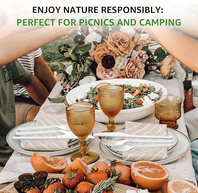 100% Compostable Forks 180 Count Disposable Forks bulk Utensils Set Heavy Duty Fork Silverware Eco Friendly Flatware for Party Camping Picnics Wedding-Ivory White