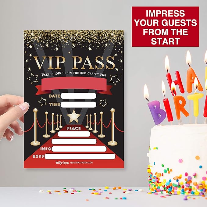 Hadley Designs Kids Birthday Invitations For Boys and Girls VIP Theme - 25 Movie Birthday Party Invitations For Boys, VIP Invites For Girls, Cute Popcorn Party Supplies, Made In USA