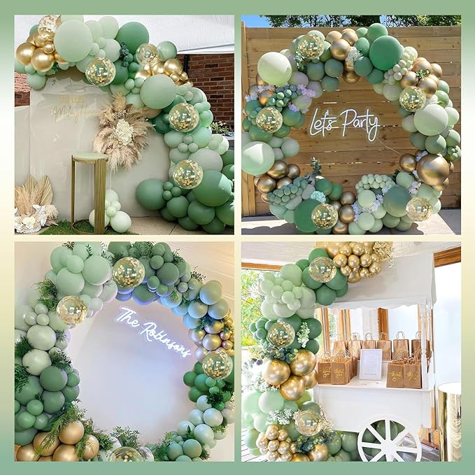 147pcs Sage Balloon Garland Arch Kit, Green Olive Pastel Metallic Confetti Gold for Birthdays, Safaris, Weddings, Baby Showers
