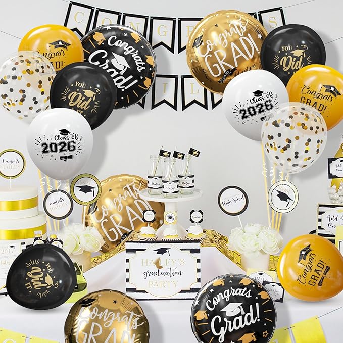 GuassLee Graduation Black and Gold Balloons 2026 - Grad Latex Confetti Balloons with Congrats Grad Foil Balloons for Graduation Party Decorations Supplies, 60Pcs