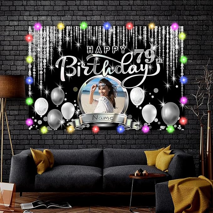 Dicodes Custom Happy Birthday Decoration Banner - Personalization Available - Black and Silver - Large Size - Supports Custom Photos and Names
