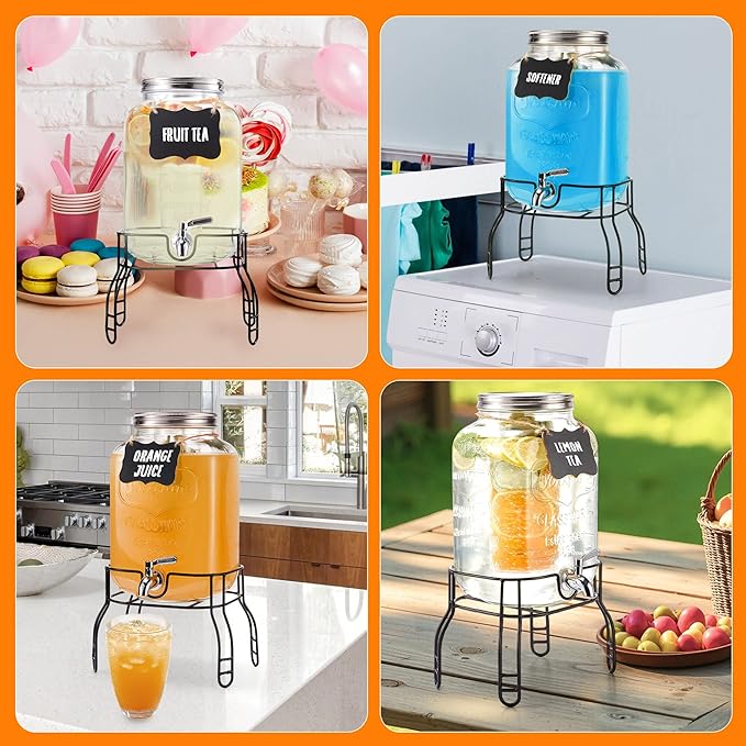 2 Gallon Large Glass Drink Dispenser Set, Beverage Dispensers with Stand & 18/8 Stainless Steel Spigot, Leakproof for Lemonade, Sun Tea & Iced Tea