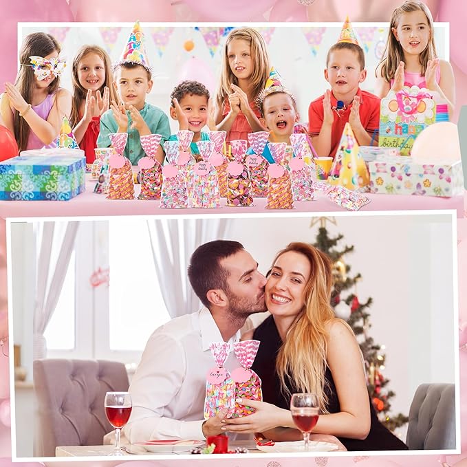 woric 100 Set Pink Cellophane Bags 5 x 10.6 Inch Plastic Mother's Day Treat Bags Gift Candy Bag with 100 Gift Tags and Twist Ties for Pink Bow Birthday Weddings Baby Shower Decorations