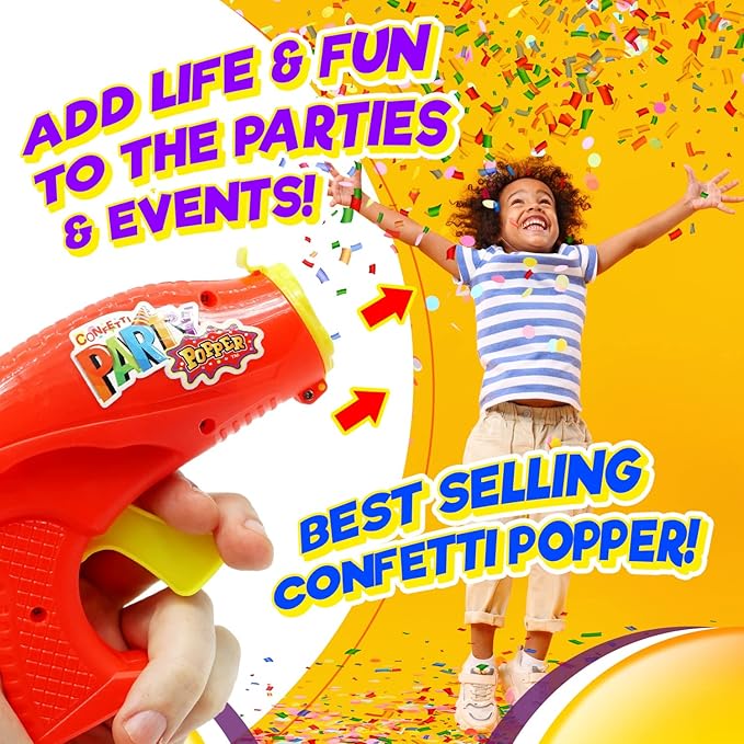 JA-RU Confetti Poppers for Kids with Refills (1 Confetti Gun & 28 Shots) Colorful Party Poppers Confetti Shooters, Party Favors for Wedding, Birthday & New Year’s Eve. 955-1-956-1s