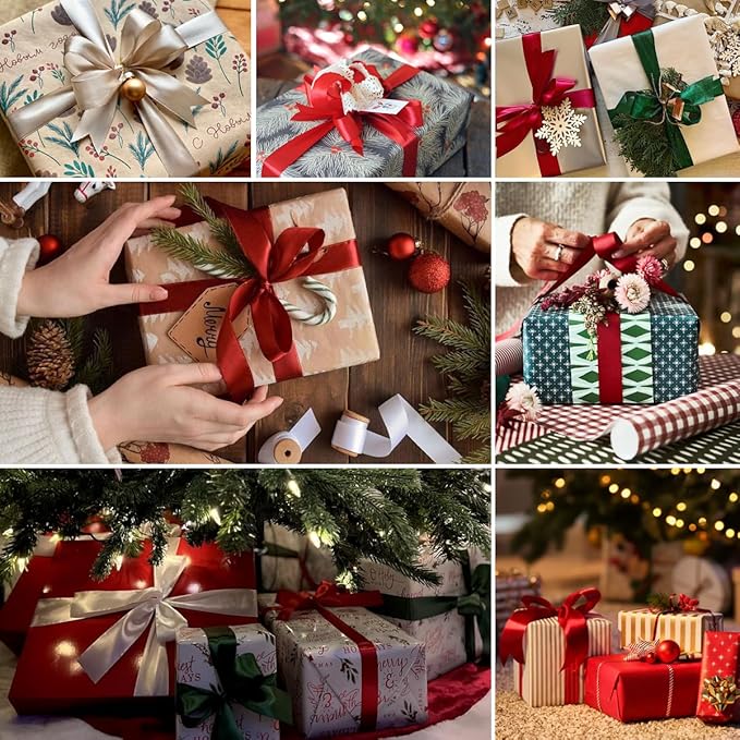 Dark Green Christmas Ribbon, Burgundy Satin Ribbon 1 Inch 50 Yards, Fabric Ribbons for Christmas Party Decorations, Gift Wrapping, Tree Ornaments, Bouquets, Door Wreaths, Bows Making and DIY Crafts