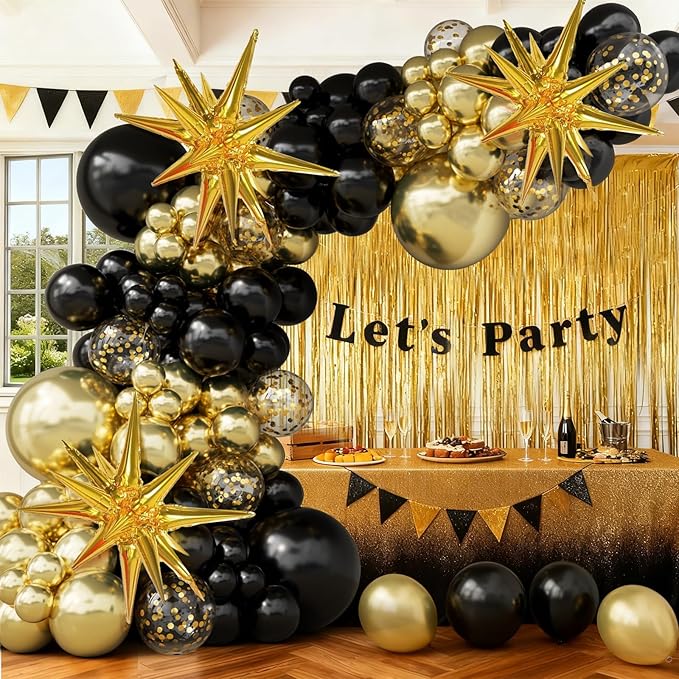 Graduation Balloon Arch Kit 2026, 149pcs black and gold Balloons with Star, Black and Gold Party Decorations for Class of 2026 Decorations New Years Anniversary Retirement Birthday Party Decorations