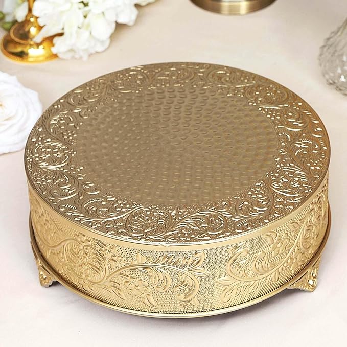 Efavormart 14" Gold Round Embossed Metal Cake Plateau Stand, Cake Riser for Holiday & Birthday Party Decor