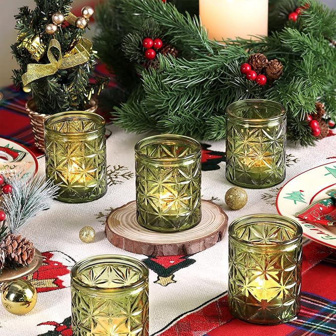 Green Votive Candle Holders Set of 12-Vintage Green Candle Holder for Wedding,Tea Light Candle Holders for Home Table Centerpieces Decor,Glass Candle Holder for Baby Shower & Bridal Shower
