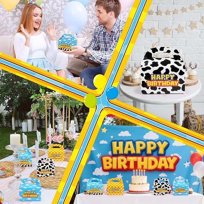 Bsenhe 16PCS Cartoon Gift Bag, Cartoon Birthday Decorations Goodie Bags Party Favor Boxes for Theme Birthday Party Supplies Sky White Cloud Cow Print Candy Bags