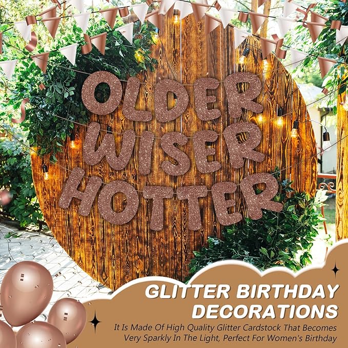 Fulmoon Set of 3 Pre Strung Older Wiser Hotter Glitter Banner Funny Birthday Banner for Women 30th 40th 50th 60th 70th 80th Birthday Party Decorations Sign Gift (Brown)