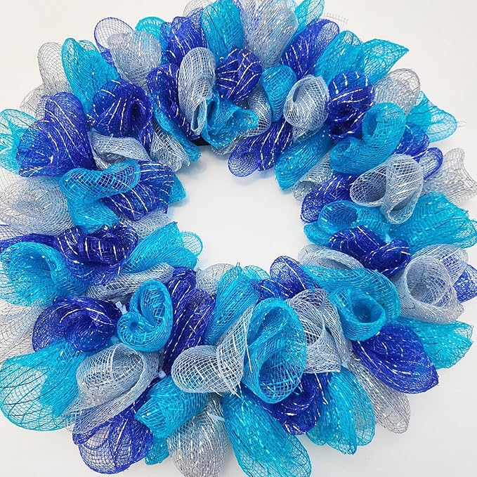 5 Rolls Christmas Mesh Ribbon for Wreath, 10 Inch x 30FT Per Roll Metallic Foil Deco Mesh Rolls White Blue Royal Blue Navy Decorative Mesh for Summer Wreath Christmas Tree Home Party Decor