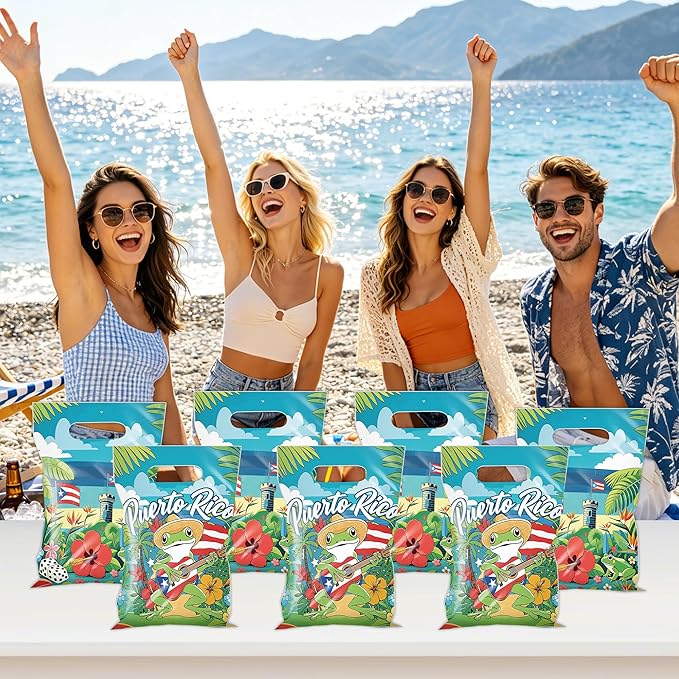 MOIZYNG 50Pcs Puerto Rico Gift Bags with Handles, Tropical Puerto Rican Flag Coqui Frog Plastic Candy Treat Goodie Bags for Birthday Patriotic Festival Party Supplies
