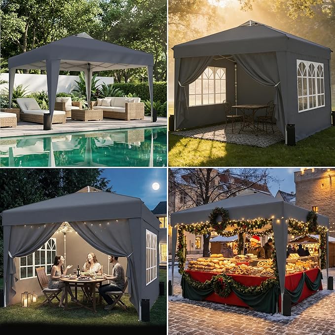 SANWAY 10x10 Pop Up Canopy Tent with Sidewalls x 4 – Easy Setup Canopy Tent, Waterproof, UV-Resistant, Portable with Carry Bag for Outdoor Events, Camping, and Backyard Parties – Dark Gray
