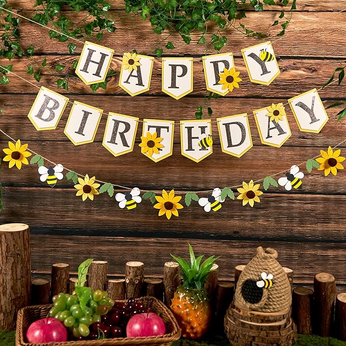 SUNBEAUTY Bee Birthday Party Decorations Bumble Bee Felt Happy Birthday Banner with Sunflower Garland Banner Hanging HoneyBee Decorations for Party Baby Shower Garden Spring Summer(8.2ft)