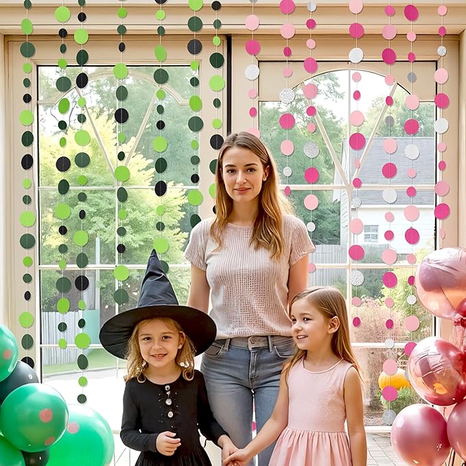 Cheerland Green and Pink Dot Garland Witch Princess Halloween Party Decorations Halloween Hanging Decor Ceiling Birthday Party Supplies Bachelorette Backdrop Decoration Theater Musical Streamers Decor