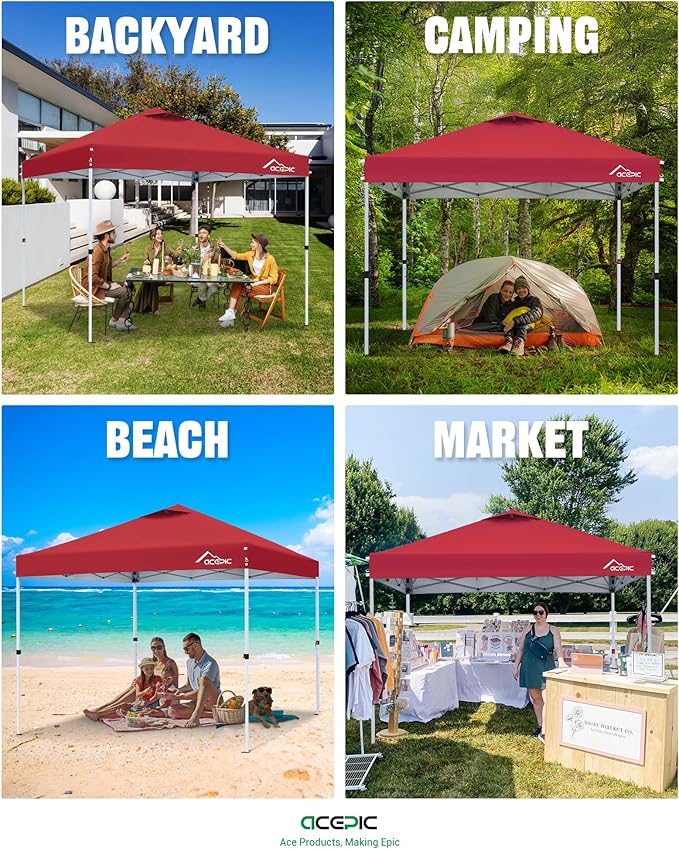Acepic 10x10 Pop Up Canopy Tent,300D Silver-Coating Top,Pop Up Canopy Tent Instant Portable Shelter with 1-Button Push and Wheel Carry Bag, 8 Stakes and 4 Canopy Weights (Lava Red, 10x10)