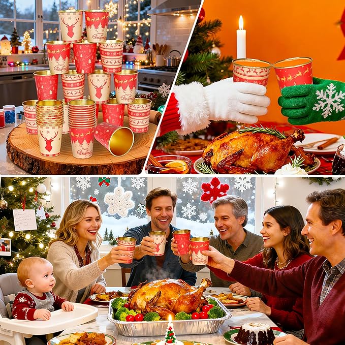 100 Pcs 8oz Christmas Paper Cups, Disposable Christmas Coffee Cups Red Reindeer Xmas Tree Design Paper Cups, Holiday Winter Drinking Cups for Hot Cold Beverages Party Supplies, 4 Styles
