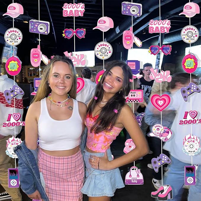 6pcs Y2k 2000s Party Haning Garlands Y2K Party Decorations Early 2000s Pink Party Hanging Decorations for 00s Hot Girls Women Teen Pink Birthday Party Supplies