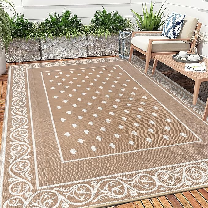Pauwer Waterproof Outdoor Rug 10x14, Reversible Plastic Straw Patio Camping Rug, Indoor Outdoor RV Mat Carpet for Deck, Camper, Porch, Balcony, Picnic, Bordered Beige