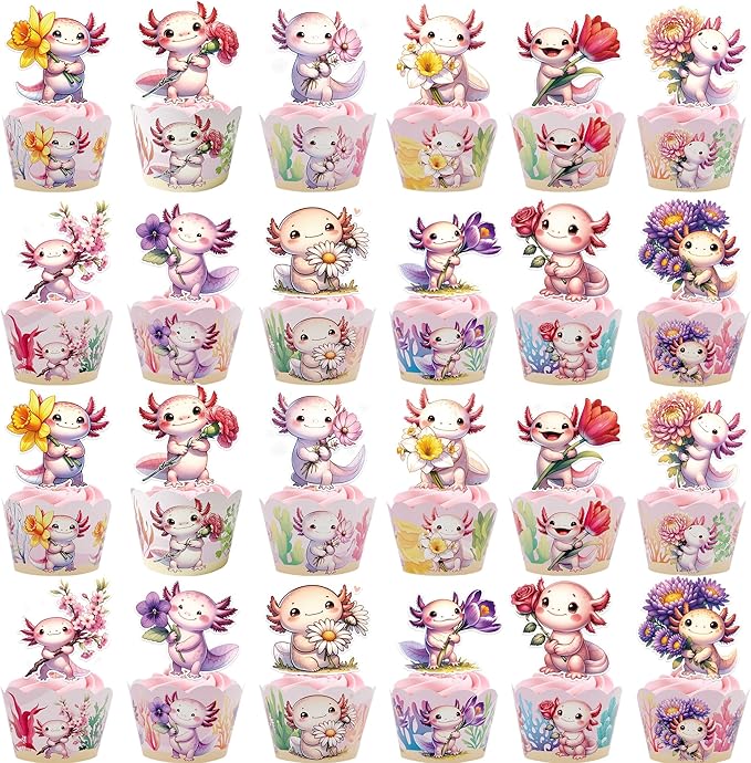 Pink Axolotl Birthday Decorations -48 Pcs Cute Cartoon Animal Axolotl Theme Cupcake Toppers Wrappers Set, Happy Birthday Party Baby Shower Supplies Photo Background Table Decor for Girls Kids